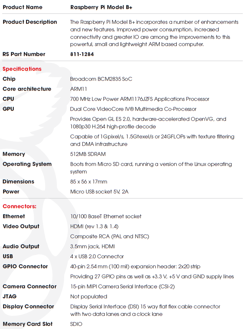 Raspberry Pi Model B+ Specs