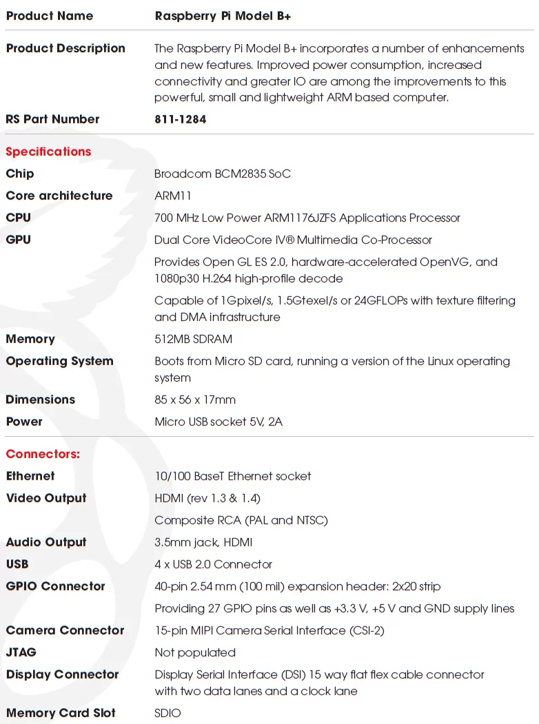 Raspberry Pi Model B+ Specs
